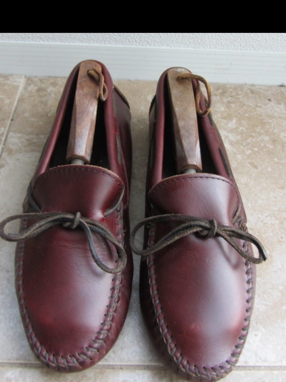 Minnetonka Men's Burgundy Leather Moc Toe Slip-Ons